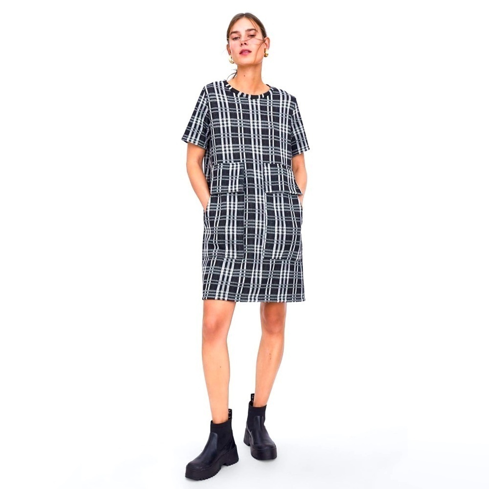 Zara - Black And White Plaid Jacquard Short Sleeve Shift With Pockets Dress Sm